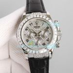 Swiss Copy Rolex Daytona Silver Diamond Dial Black Leather Strap Watch 40MM